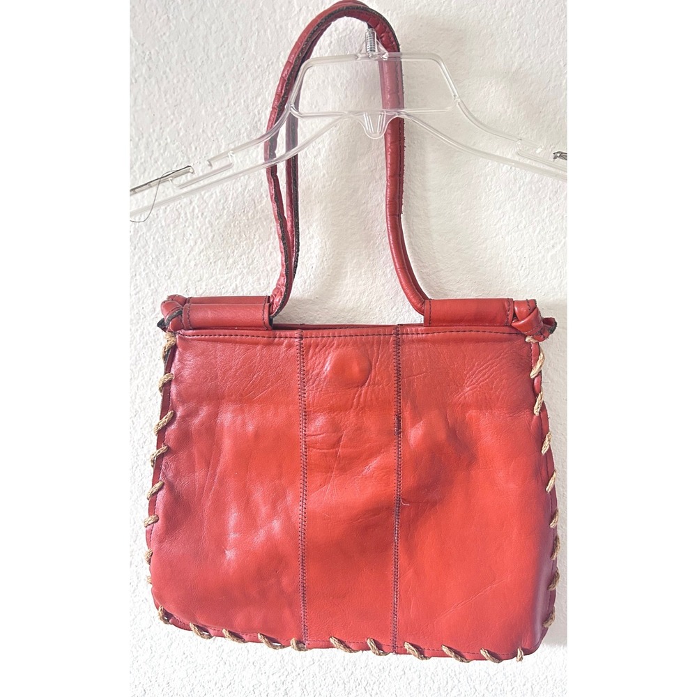 Vintage Boho Hippie Orange Genuine Leather Whipstitch Tote Bag Shoulder Bag